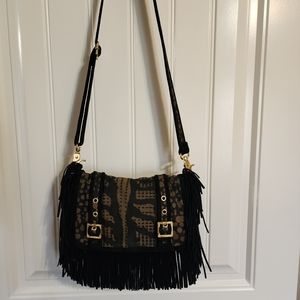 Tory Burch Sawla Messenger Bag Canvas and Leather Fringe